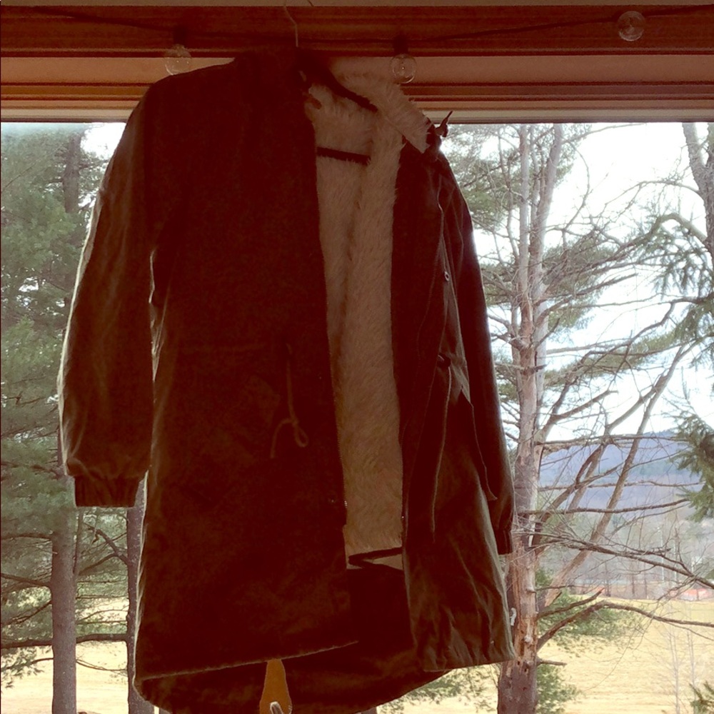 Faux fur lined cargo jacket with hood